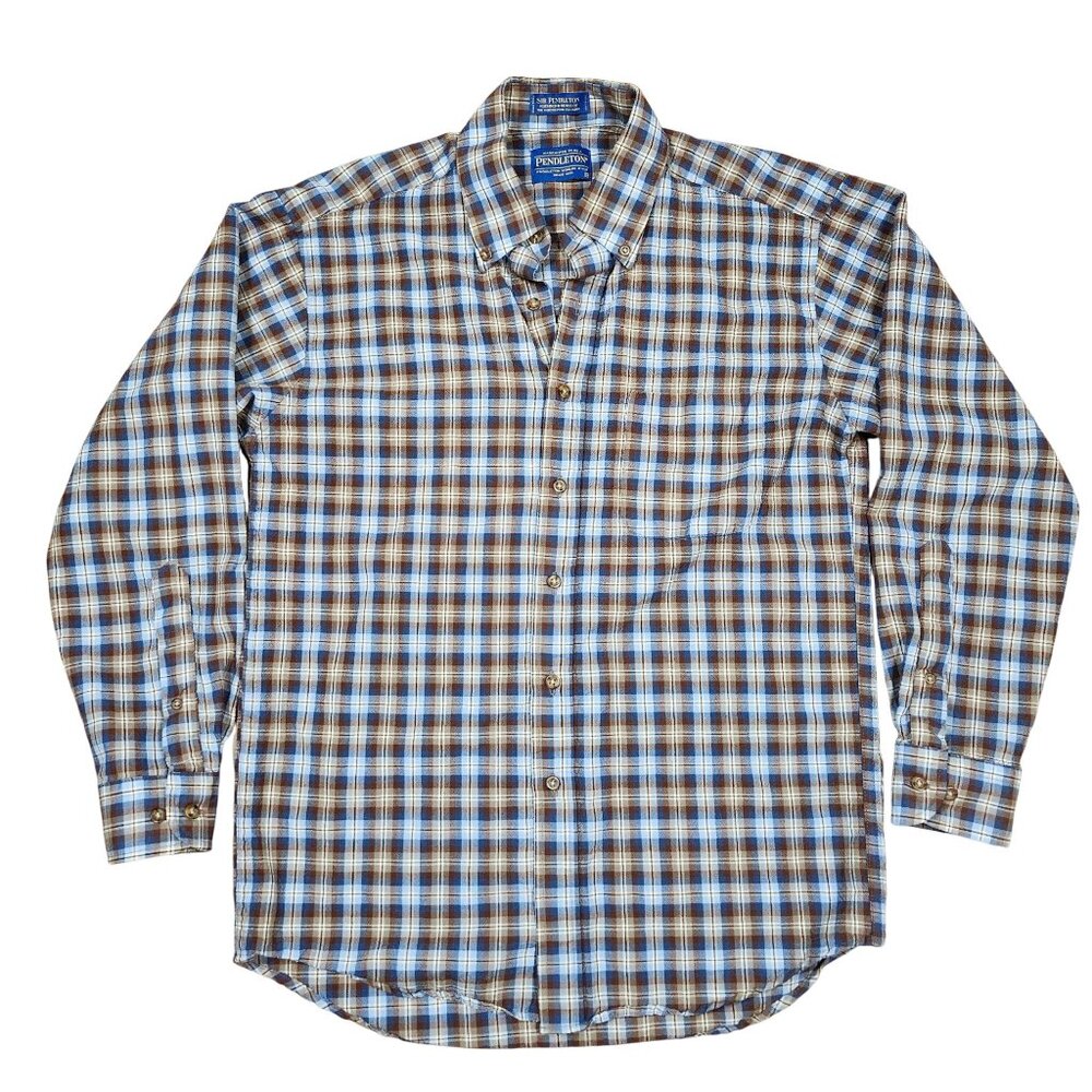 Sir Pendleton Mens Brown Blue Long Sleeve Plaid Button-Up Shirt Wool Medium